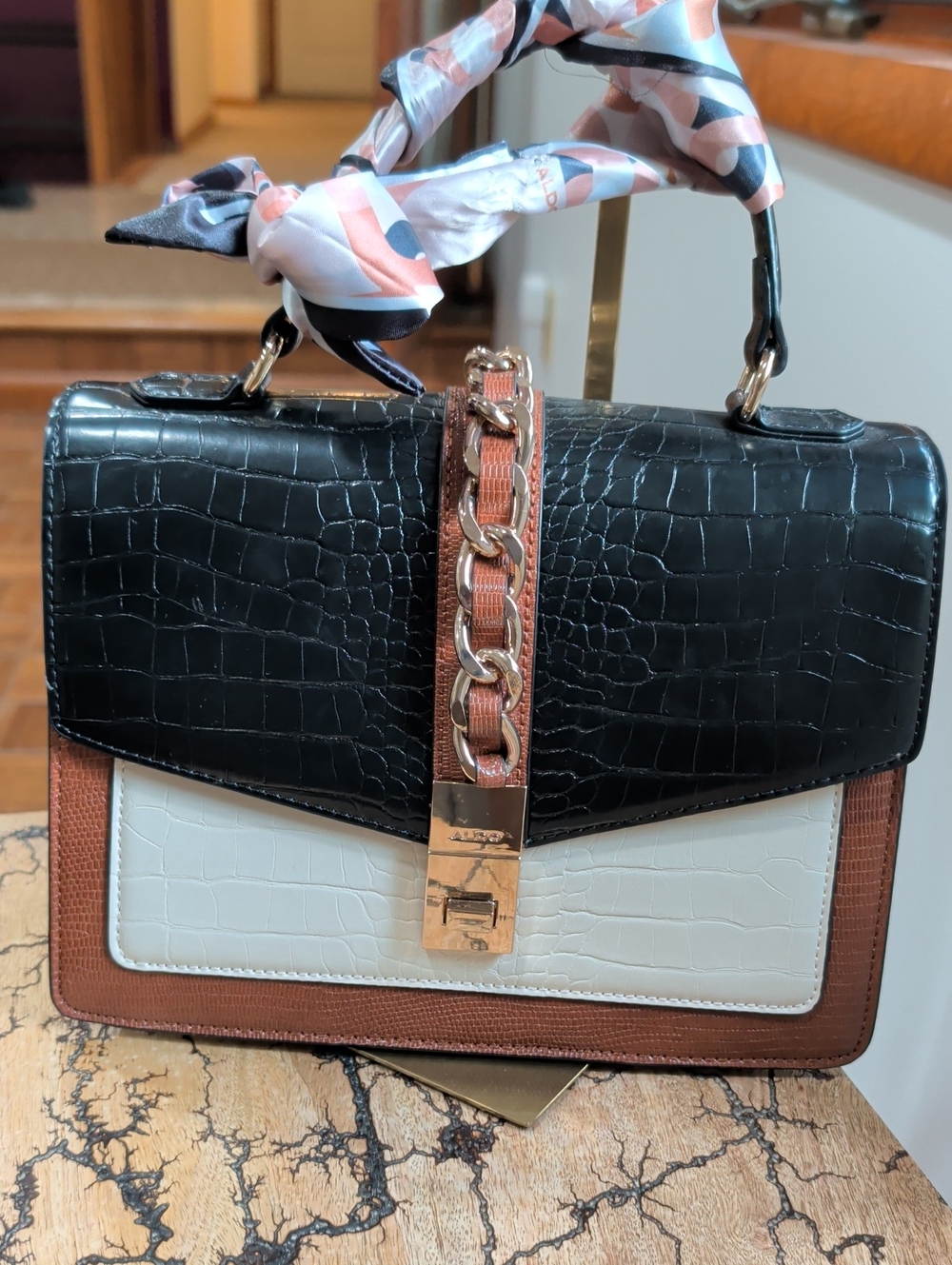 Aldo Tri-Texture Satchel in Black, White & Brown Comes With Detachable Strap